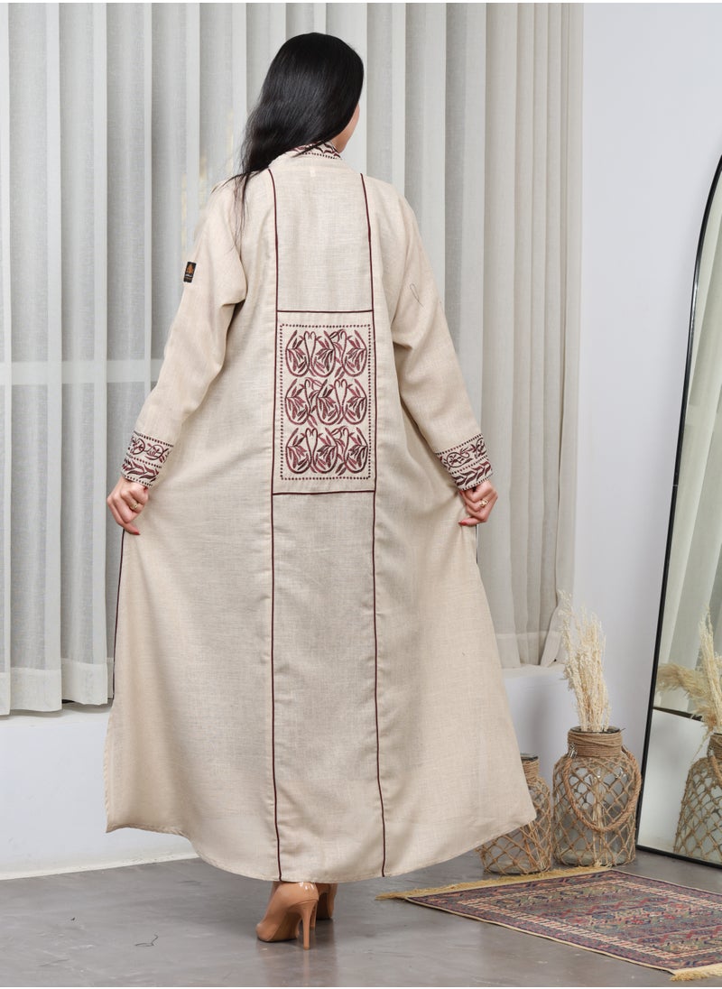 Gaiyda - Beige abaya distinguished by brown thread embroidery on the sleeves, collar and cuffs - Image 1