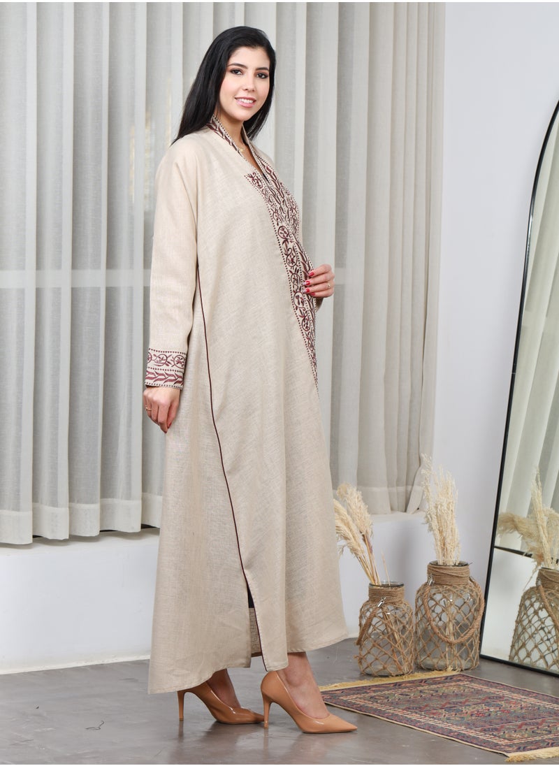 Gaiyda - Beige abaya distinguished by brown thread embroidery on the sleeves, collar and cuffs - Image 1