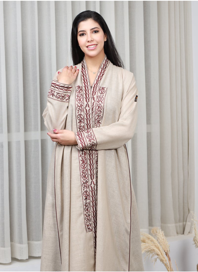 Gaiyda - Beige abaya distinguished by brown thread embroidery on the sleeves, collar and cuffs - Image 1