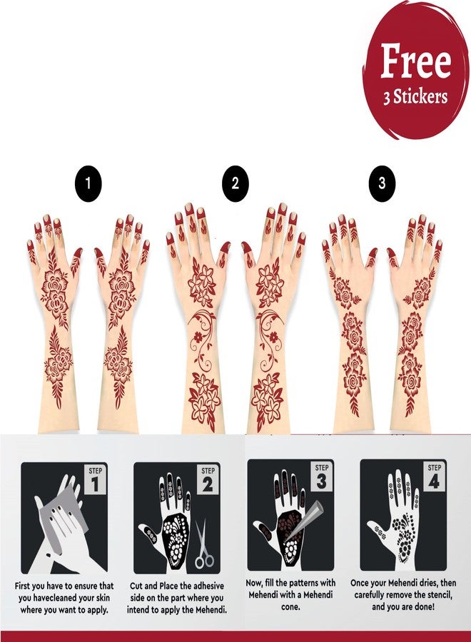 CareOne Gallery Instant Henna Outline Paste Mehendi Cone | With Set of 3 Full Hand Stickers/Stencils | Without Chemicals | Long Lasting | Pack of 12 Pieces | Cherry Red Color - Image 1
