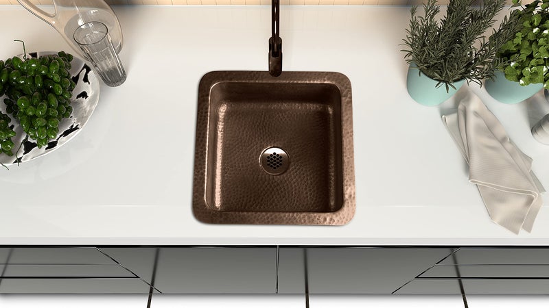 Monarch Abode حوض بار مونارك أبود 12 بوصة من النحاس النقي المطروق يدويًا، حوض مطبخ قابل للتثبيت العلوي أو السفلي، وعاء مزدوج مفرد - Image 3