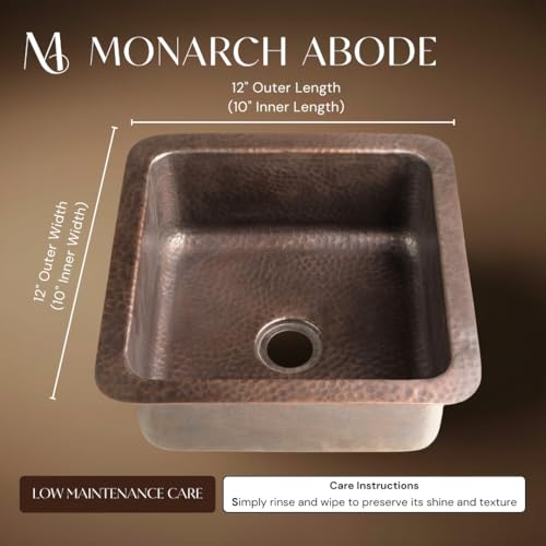 Monarch Abode حوض بار مونارك أبود 12 بوصة من النحاس النقي المطروق يدويًا، حوض مطبخ قابل للتثبيت العلوي أو السفلي، وعاء مزدوج مفرد - Image 2