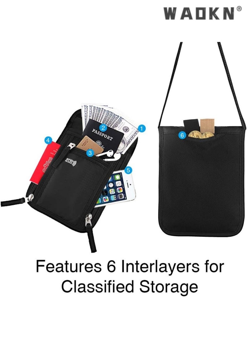 WAOKN - Multi-functional Travel Neck Pouch Family Passport Holder Organizer Bag with Built-in RFID Blocking Technology for Personal Information Security - Image 1