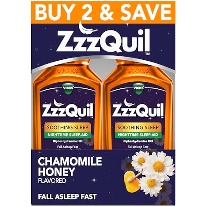 ZzzQuil ز ز ز كويل سائل مساعد على النوم، نوم مهدئ، ديفينهيدرامين 50 ملغ HCl، بنكهة عسل البابونج، سائل مساعد على النوم ليلاً، مساعدات النوم للبالغين، عبوتان، 24 أونصة سائلة - Image 1