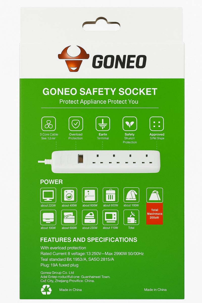 جونيو توصيلة كهرباء GONEO، 3 منافذ، طول 5 متر، قدرة 2990 واط، حماية من الحمل الزائد، موديل EA1030 - Image 2