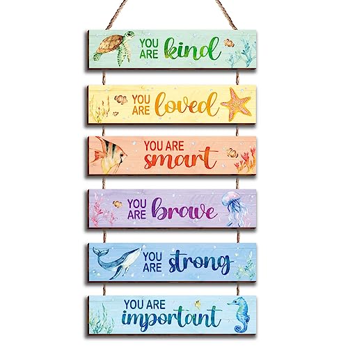 Kadiak 6 Pcs Ocean Decor Kids Room Placards of Wood Decor, Watercolor Ocean Inspirational Positive Quotes Wall Art Hanging Sign for Kids Teens Children Bedroom Princess Toddler Room Nursery Dorm - Image 1