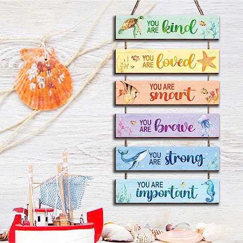 Kadiak 6 Pcs Ocean Decor Kids Room Placards of Wood Decor, Watercolor Ocean Inspirational Positive Quotes Wall Art Hanging Sign for Kids Teens Children Bedroom Princess Toddler Room Nursery Dorm - Image 4