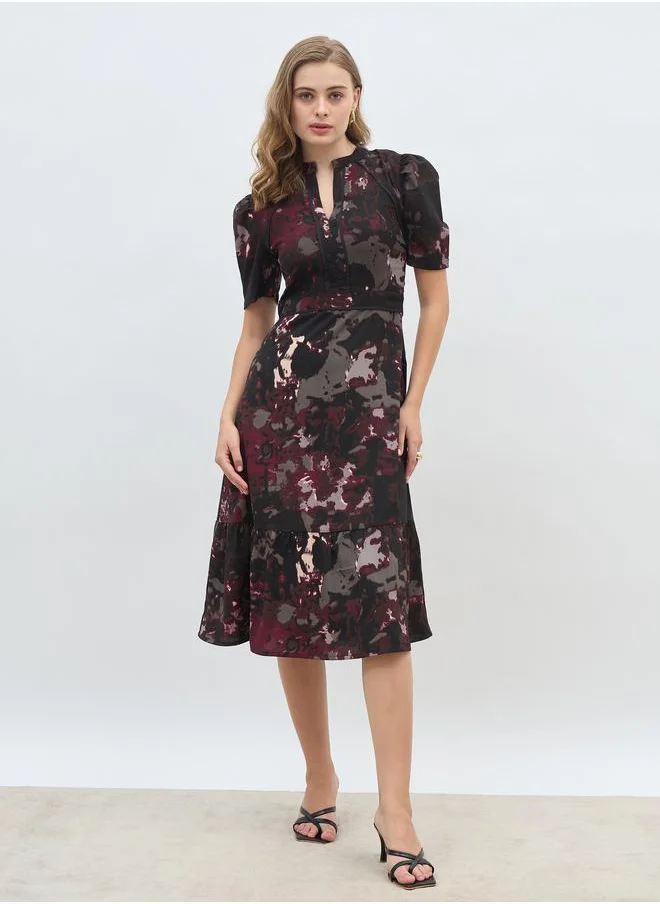 ستايلي Styli Round Neck Puff Sleeves A-line Midi dress