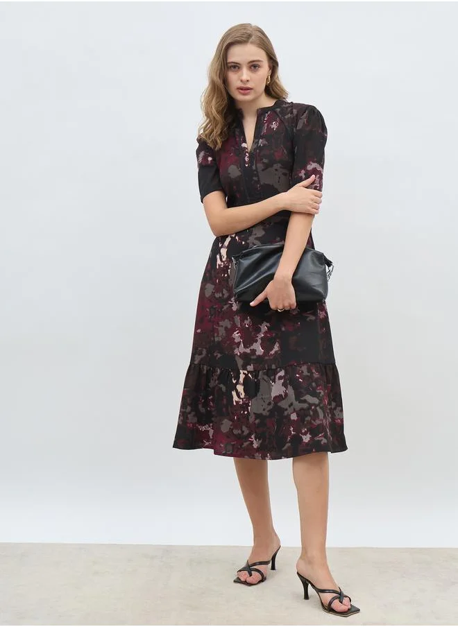 ستايلي Styli Round Neck Puff Sleeves A-line Midi dress