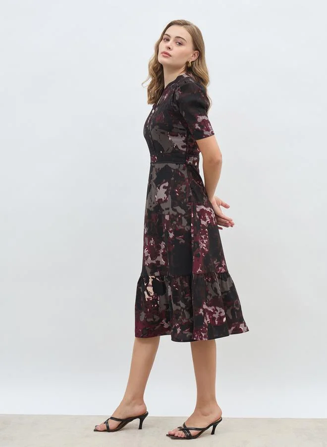 Styli Styli Round Neck Puff Sleeves A-line Midi dress