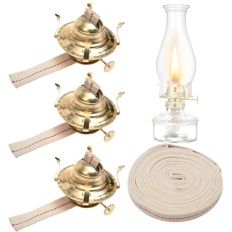Pacify 3 Pack Oil Lamp Burner Kerosene Oil Lamp Parts Replacement #2 Brass Plated with 1 Roll 9.4FT Cotton Wick - Image 1