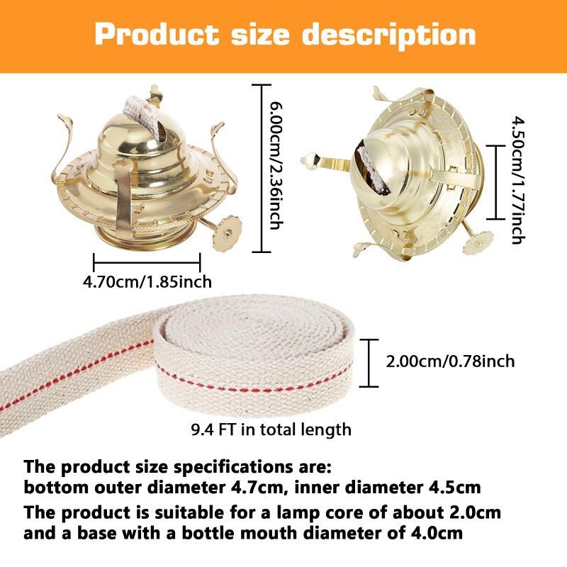 Pacify 3 Pack Oil Lamp Burner Kerosene Oil Lamp Parts Replacement #2 Brass Plated with 1 Roll 9.4FT Cotton Wick - Image 2