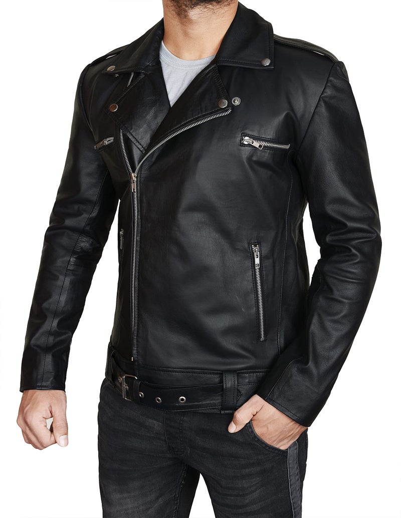 Generic Prime-Fashion Men's Negan Walking S7 Black Brando Jeffrey Dean Morgan Motorcycle Slim Fit Genuine Leather Biker Jacket  - Image 2