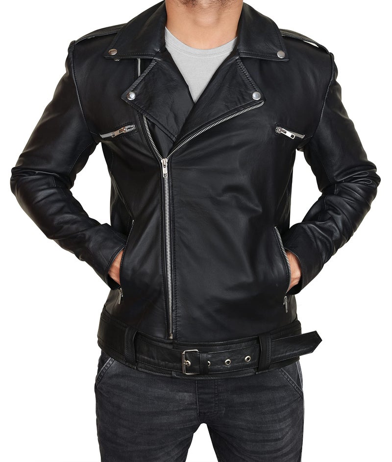 Generic Prime-Fashion Men's Negan Walking S7 Black Brando Jeffrey Dean Morgan Motorcycle Slim Fit Genuine Leather Biker Jacket  - Image 1