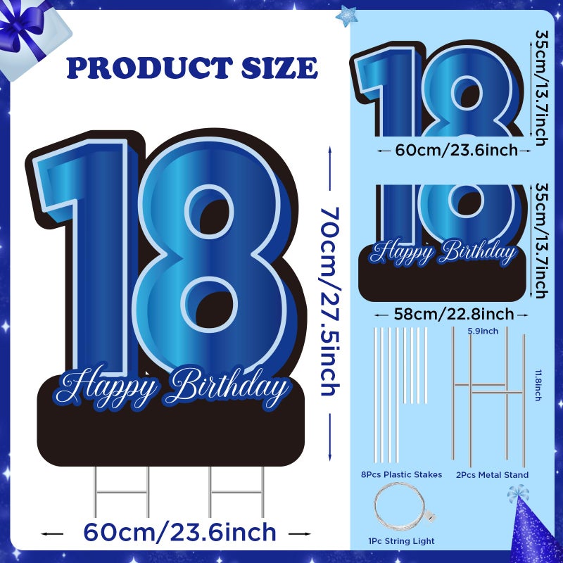 Yoirrat 27.5 Inch 18 Happy Birthday Large Yard Signs Personalized Name 18th Lawn Sign Black Blue LED Light Strings With Stakes for Boys Outdoor Celebrations Party Supplies - Image 2