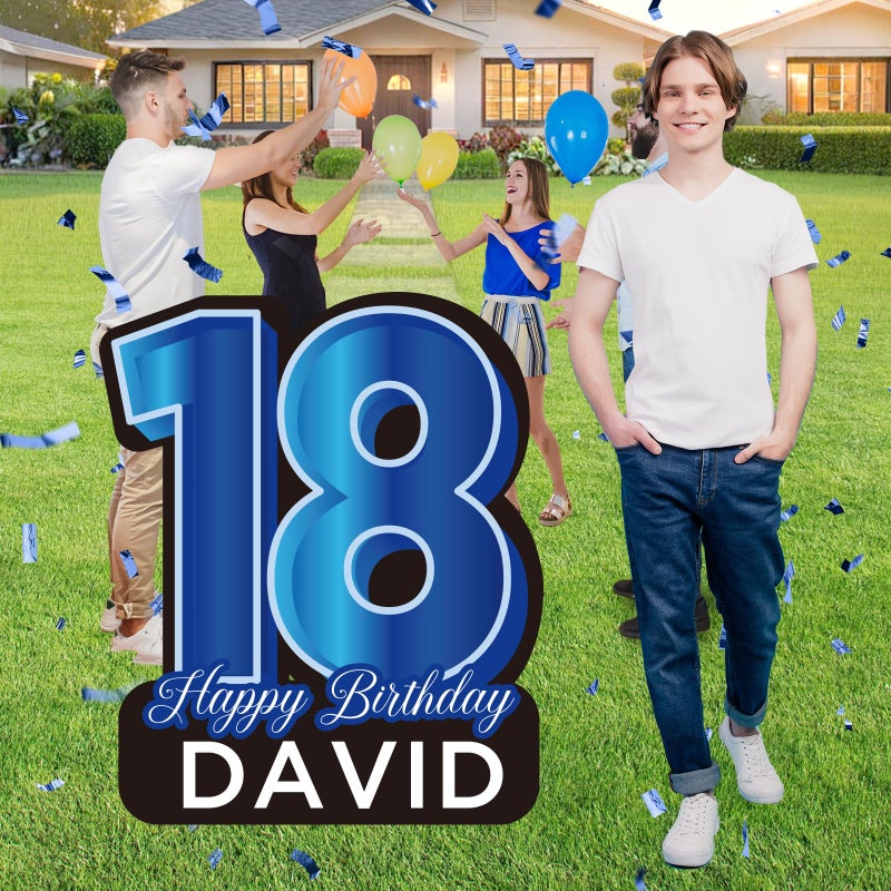 Yoirrat 27.5 Inch 18 Happy Birthday Large Yard Signs Personalized Name 18th Lawn Sign Black Blue LED Light Strings With Stakes for Boys Outdoor Celebrations Party Supplies - Image 4