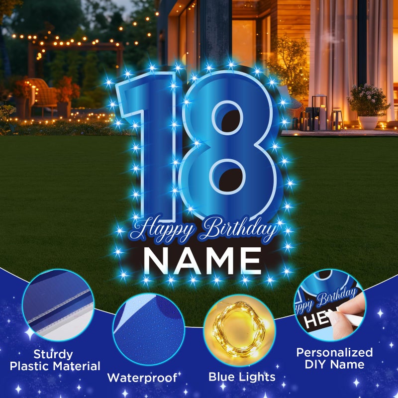 Yoirrat 27.5 Inch 18 Happy Birthday Large Yard Signs Personalized Name 18th Lawn Sign Black Blue LED Light Strings With Stakes for Boys Outdoor Celebrations Party Supplies - Image 3