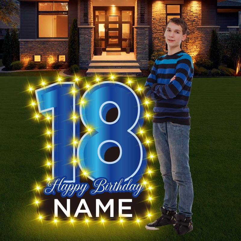 Yoirrat 27.5 Inch 18 Happy Birthday Large Yard Signs Personalized Name 18th Lawn Sign Black Blue LED Light Strings With Stakes for Boys Outdoor Celebrations Party Supplies - Image 1