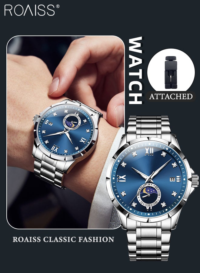 roaiss Men's Steel Belt Business Watch Calendar Moon Phase Display Waterproof Luminous Simple Leisure Quartz Wristwatch Analog Display Round Dial, as Gift for Men - Image 1