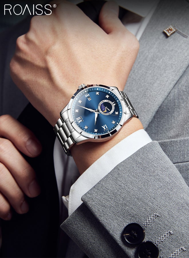 roaiss Men's Steel Belt Business Watch Calendar Moon Phase Display Waterproof Luminous Simple Leisure Quartz Wristwatch Analog Display Round Dial, as Gift for Men - Image 2