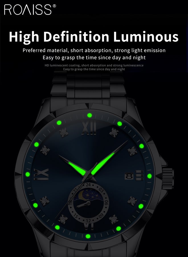 roaiss Men's Steel Belt Business Watch Calendar Moon Phase Display Waterproof Luminous Simple Leisure Quartz Wristwatch Analog Display Round Dial, as Gift for Men - Image 5