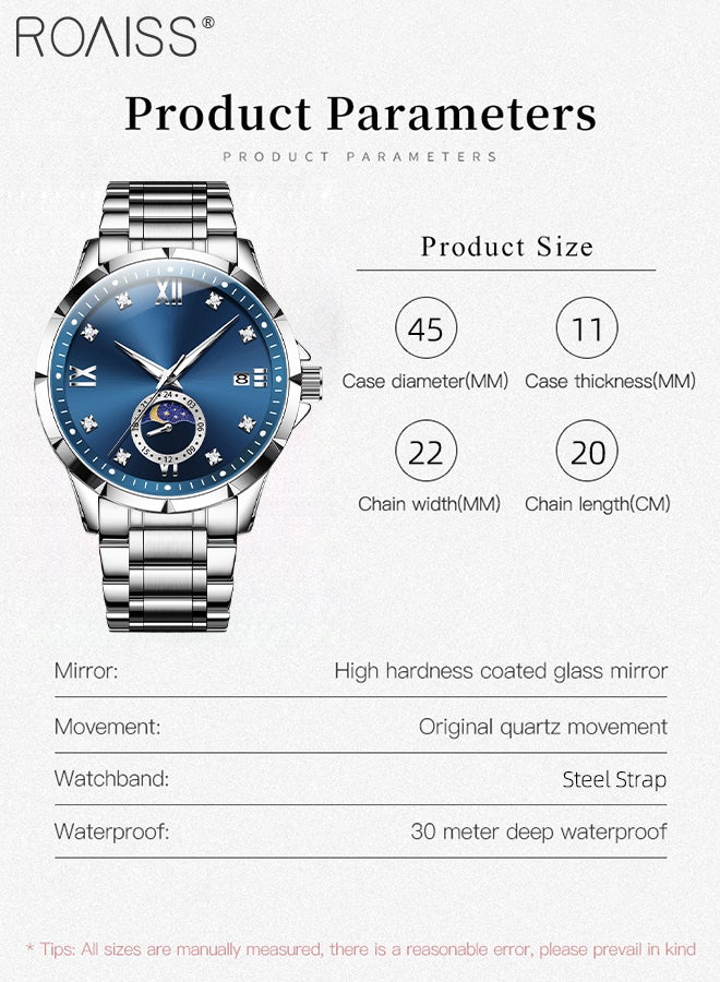 roaiss Men's Steel Belt Business Watch Calendar Moon Phase Display Waterproof Luminous Simple Leisure Quartz Wristwatch Analog Display Round Dial, as Gift for Men - Image 4