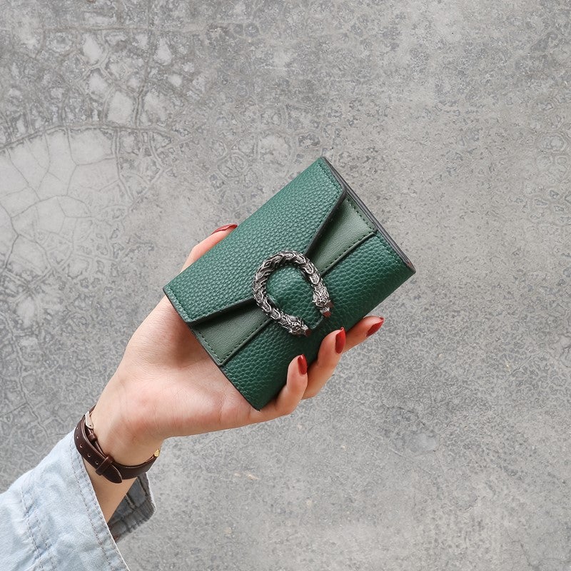 Factory wholesale short wallet womens cute student small wallet litchi pattern simple mini folding portable wallet Green 