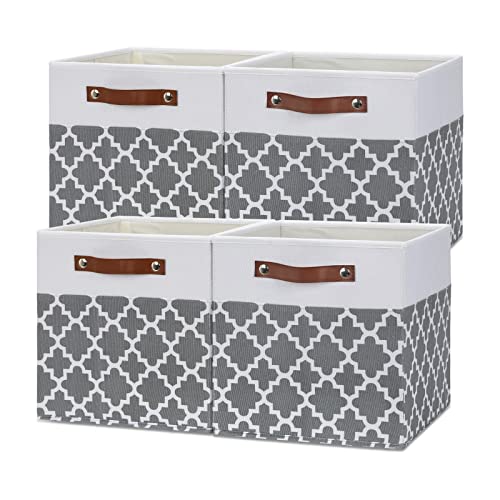 Temary 12x12x12 Fabric Storage Bins 4 Pack with Leather Handle, Foldable Cubes Storage Box Baskets for Closet, Shelf (White&Lattice) - Image 1