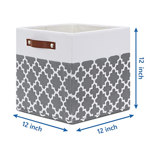 Temary 12x12x12 Fabric Storage Bins 4 Pack with Leather Handle, Foldable Cubes Storage Box Baskets for Closet, Shelf (White&Lattice) - Image 2