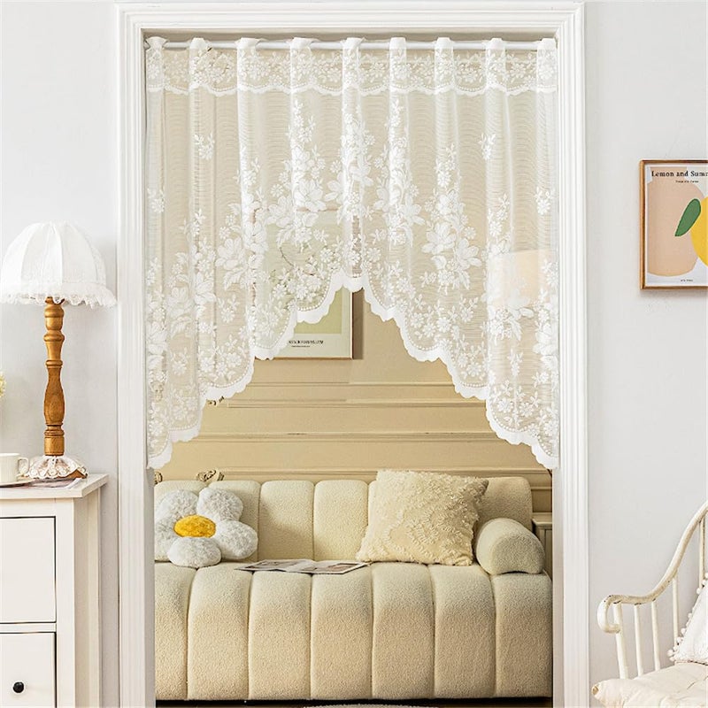 NewWPKIRA White Lace Arched Sheer Curtain Floral Embroidered Swag Curtain Valance Tier for Doorway Kitchen Bathroom Window, Rod Pocket Top 1 Panel (White,W63 x L39 inch) - Image 1