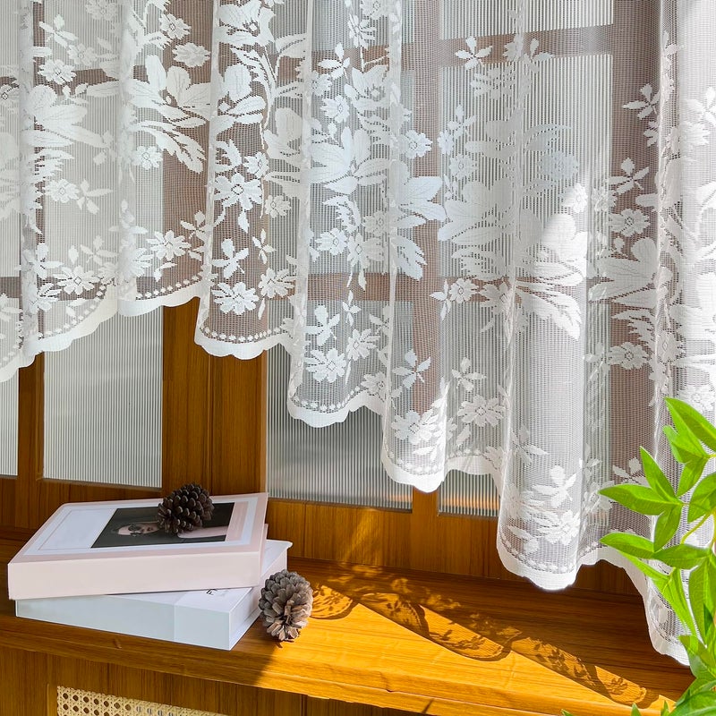 NewWPKIRA White Lace Arched Sheer Curtain Floral Embroidered Swag Curtain Valance Tier for Doorway Kitchen Bathroom Window, Rod Pocket Top 1 Panel (White,W63 x L39 inch) - Image 4