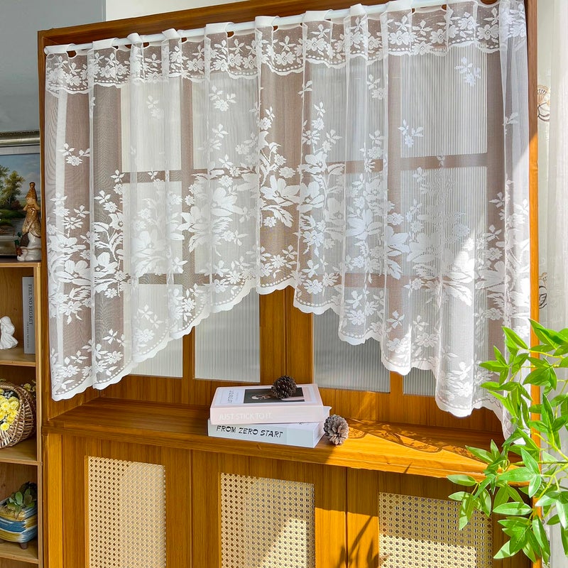 NewWPKIRA White Lace Arched Sheer Curtain Floral Embroidered Swag Curtain Valance Tier for Doorway Kitchen Bathroom Window, Rod Pocket Top 1 Panel (White,W63 x L39 inch) - Image 3