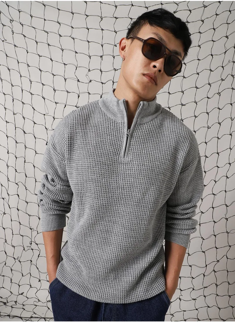 Hubberholme Men's Grey 100% Acrylic Solid Relaxed Fit Sweater