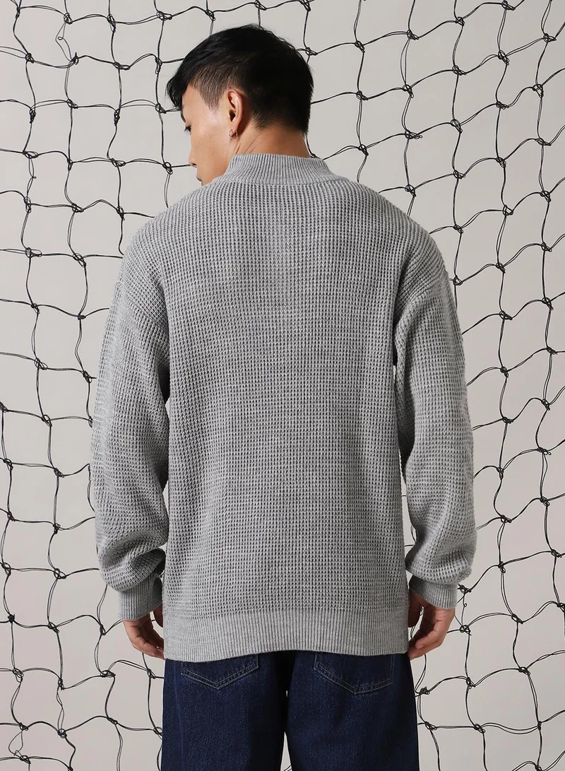 Hubberholme Men's Grey 100% Acrylic Solid Relaxed Fit Sweater