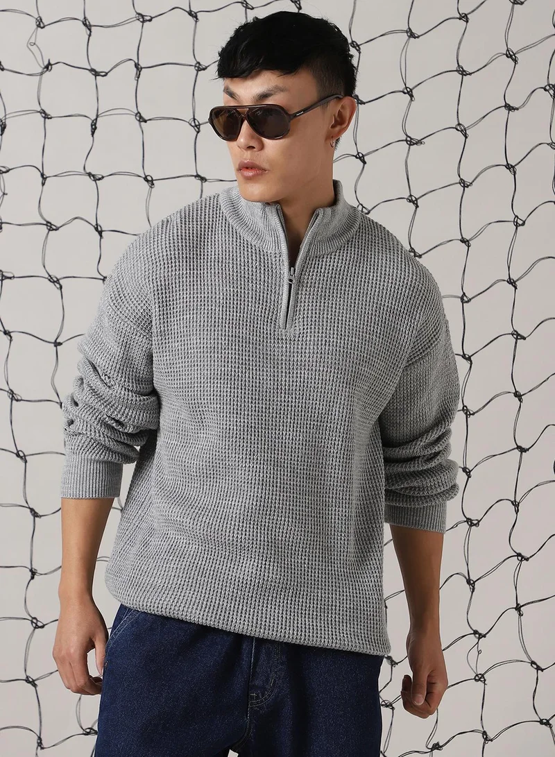 Hubberholme Men's Grey 100% Acrylic Solid Relaxed Fit Sweater