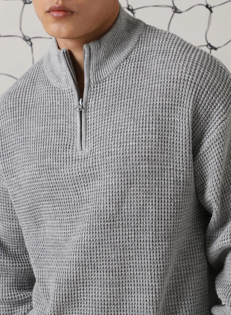 Hubberholme Men's Grey 100% Acrylic Solid Relaxed Fit Sweater