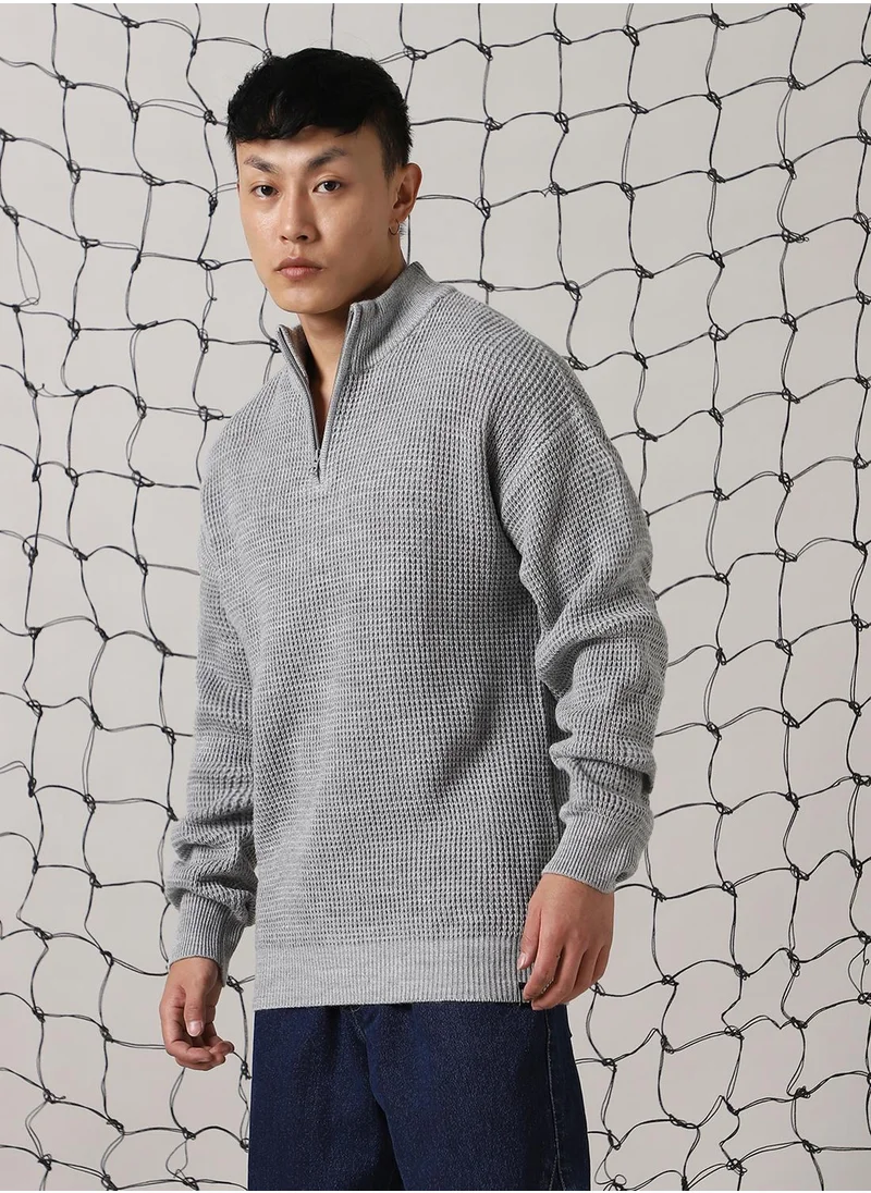 Hubberholme Men's Grey 100% Acrylic Solid Relaxed Fit Sweater