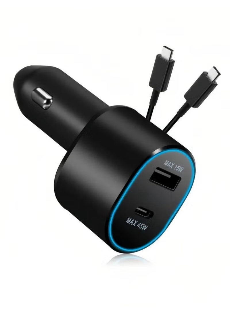 Car Charger Fast Charging 45W and 15W 2.0 Dual Port Car Charger with USB-C Cable 1m - Black - Image 2