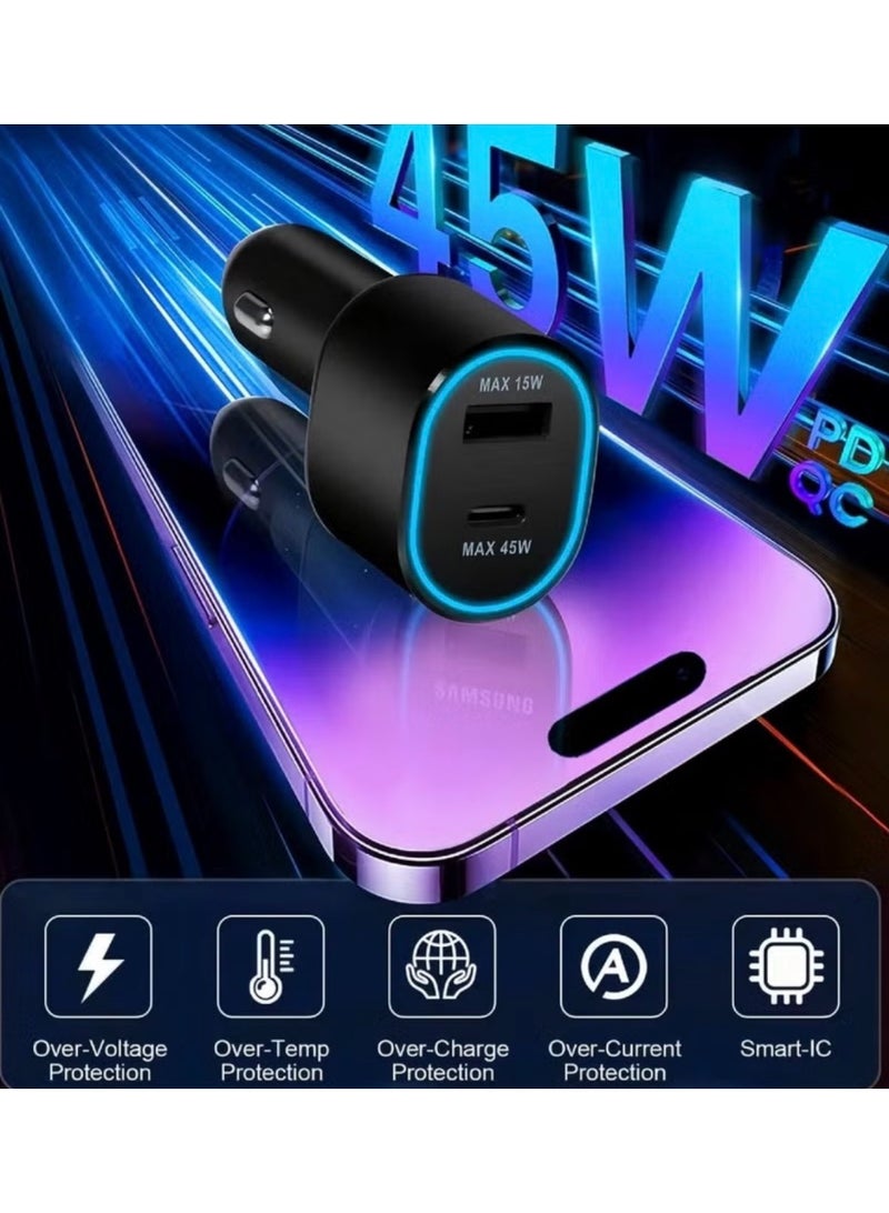 Car Charger Fast Charging 45W and 15W 2.0 Dual Port Car Charger with USB-C Cable 1m - Black - Image 3