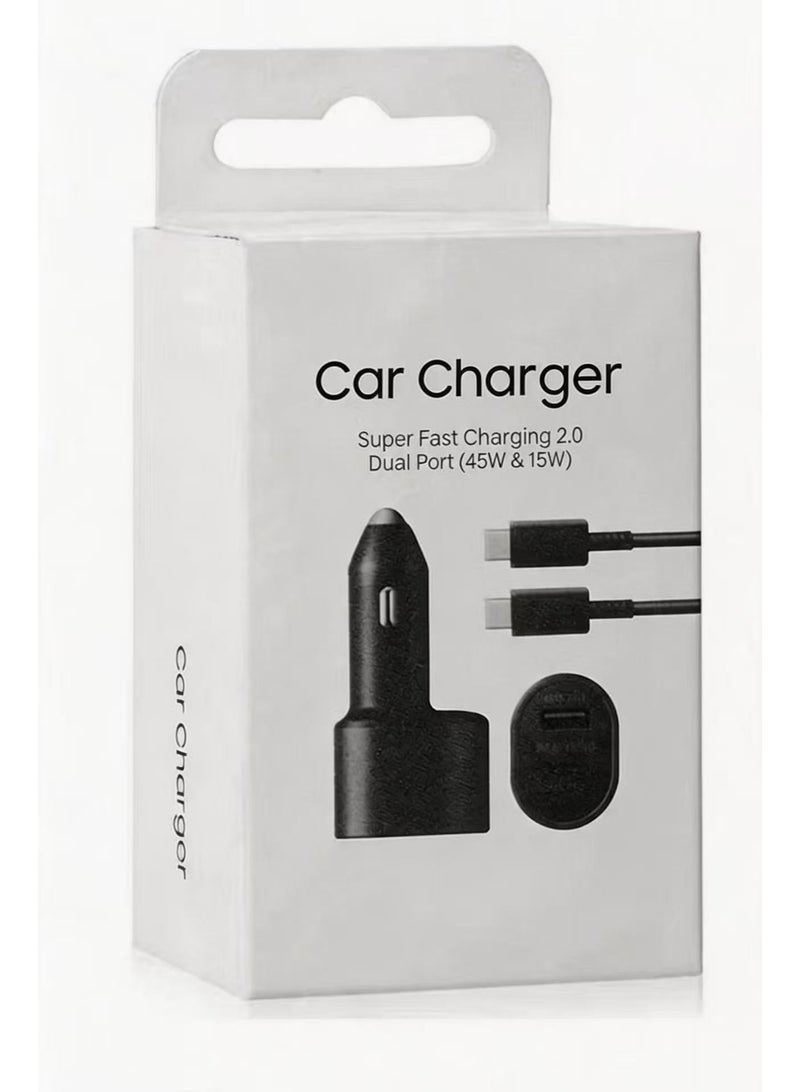 Car Charger Fast Charging 45W and 15W 2.0 Dual Port Car Charger with USB-C Cable 1m - Black - Image 1