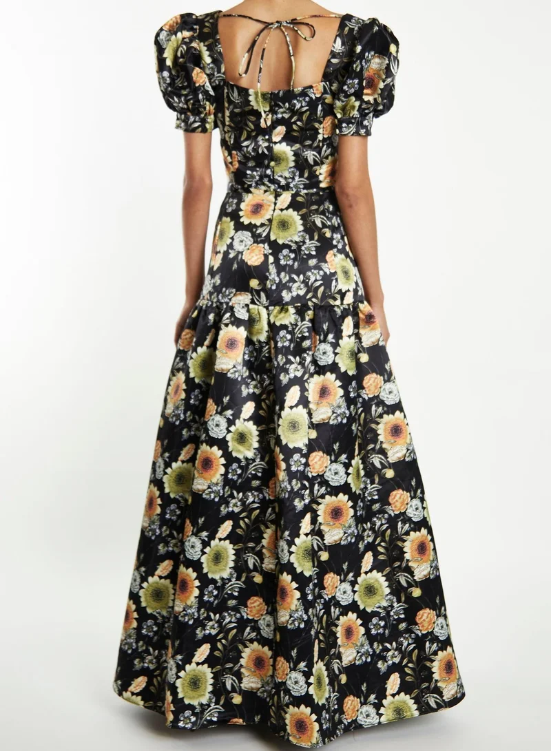 ترو ديكادينس Polly Co-Ord Black-Mustard-Flower Puff-Sleeve Tie-Back Crop-Top