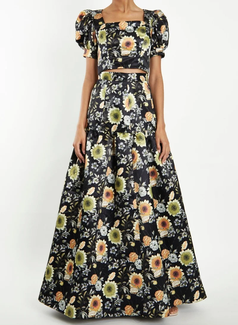 ترو ديكادينس Polly Co-Ord Black-Mustard-Flower Puff-Sleeve Tie-Back Crop-Top