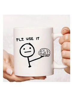 RYN 1Pc 11oz Ceramic Coffee Mug with "Please Use It" Brain Illustration, Reusable Poly-Coated Cup, Dishwasher & Microwave Safe, Multipurpose Humorous Gift Mug  - Image 1