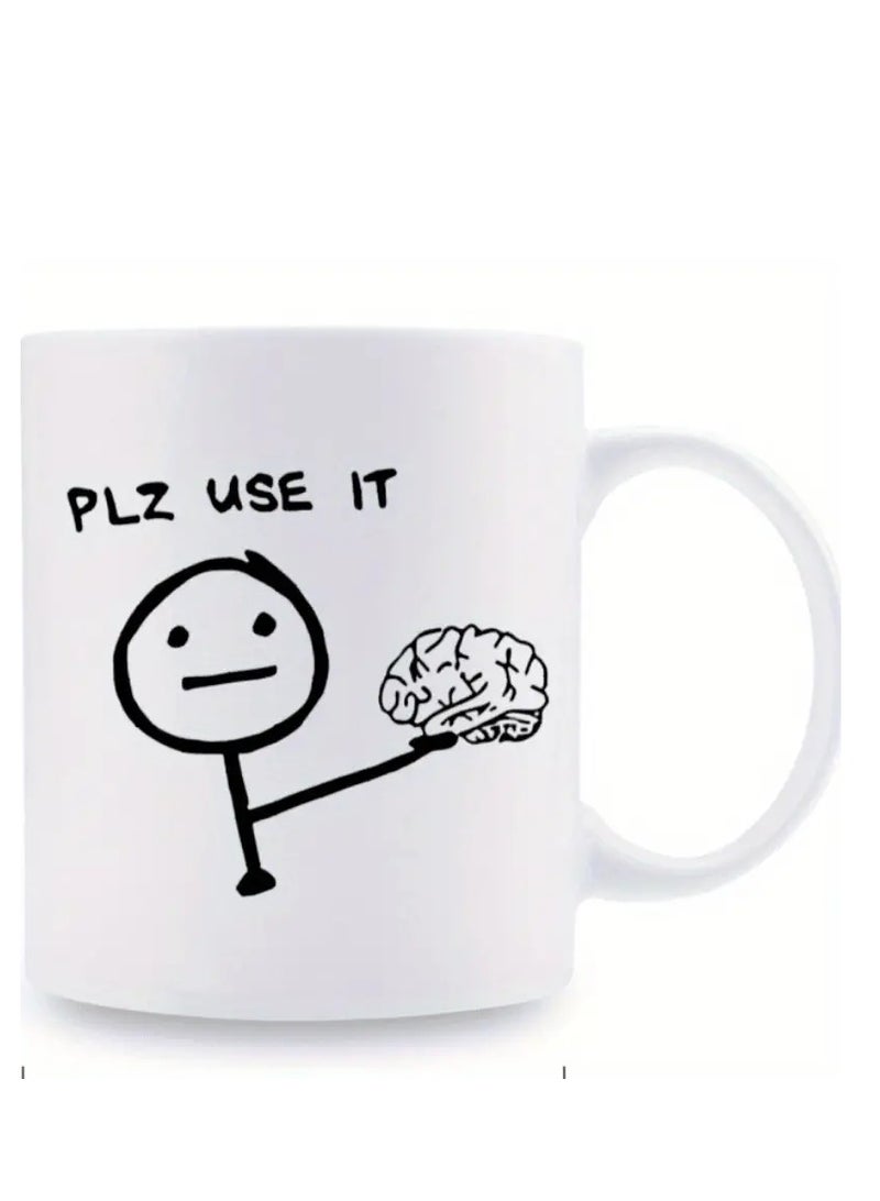 RYN 1Pc 11oz Ceramic Coffee Mug with "Please Use It" Brain Illustration, Reusable Poly-Coated Cup, Dishwasher & Microwave Safe, Multipurpose Humorous Gift Mug - Image 2