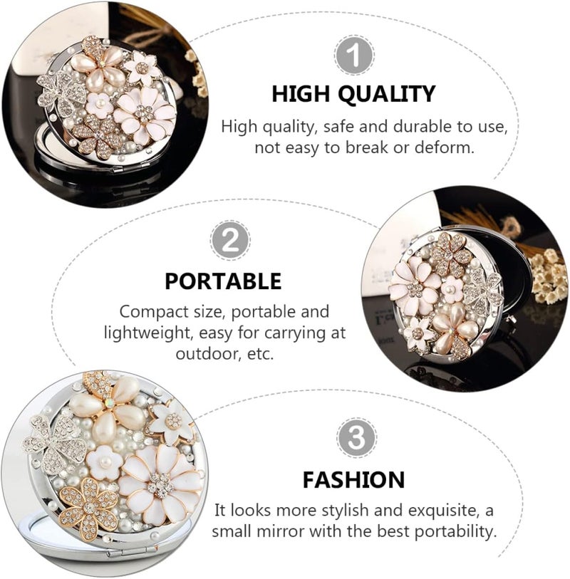 3 pcs Travel Diamond Pearl Vintage Girl Magnifiers Pocket Gift Metal Mini Re Beauty D Exquisite Decor Daisy Folding Women Small Compact Enlarge Use Daily Woman Magnification - Image 2