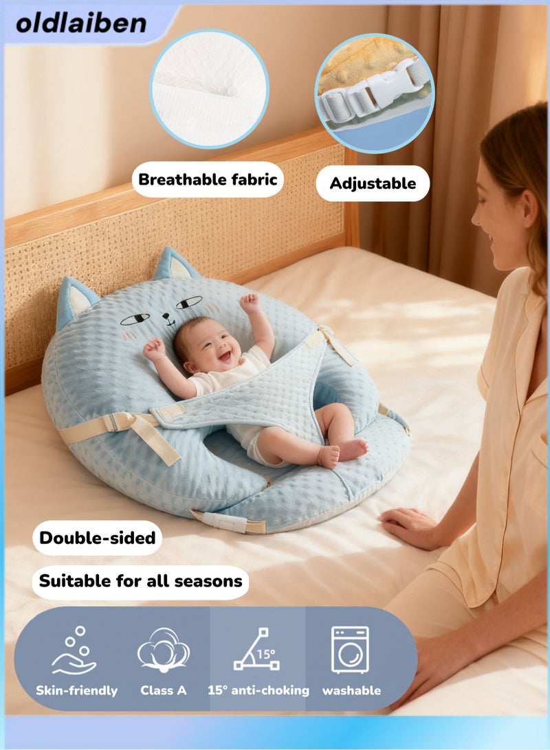 الدليبن وسادة رضاعة للأطفال، وضعية الجسم، وسادة أسفل الظهر للرضاعة الطبيعية، وسادة داعمة من القطن، وسادة أطفال قابلة للتعديل، دعم جلوس الطفل مع غطاء فائق النعومة قابل للإزالة، للرضاعة الطبيعية، قابلة للغسل في الغسالة، ارتفاع 15 درجة (قطة زرقاء) - Image 1