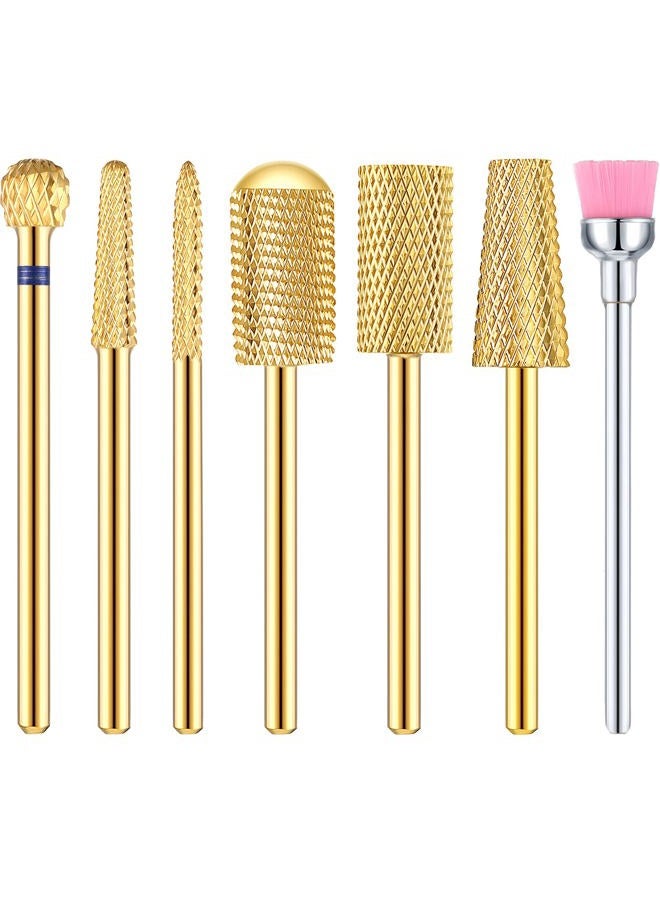 Hestya 7 Pieces Nail Drill Bit Set, Tungsten Carbide Drill Bit Set, Cuticle Drill Bits Nail Bits for Nail Drill 3/32 Inch for Nail Bit Manicure Pedicure (Gold) - Image 1