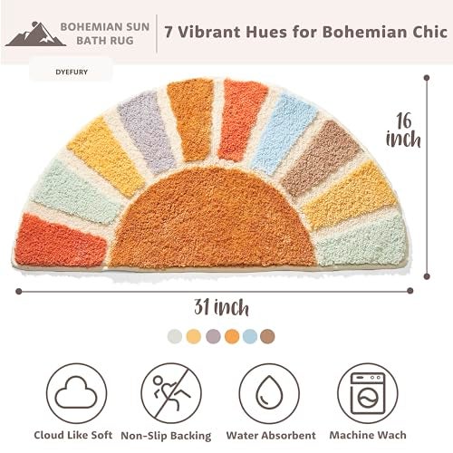 DyeFury Sunrise Boho Bathroom Rugs,Half Circle Bath Mat Cute,Sun Bath Mats,Retro Bohemian Home Bathroom Decor,Small Colorful Fun Semi Round Shower Rug Non-Slip,Funny Washable Rug Bedroom 31"x16" - Image 2