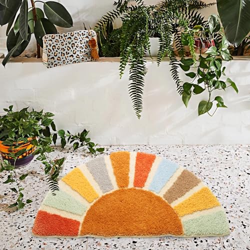 DyeFury Sunrise Boho Bathroom Rugs,Half Circle Bath Mat Cute,Sun Bath Mats,Retro Bohemian Home Bathroom Decor,Small Colorful Fun Semi Round Shower Rug Non-Slip,Funny Washable Rug Bedroom 31"x16" - Image 3