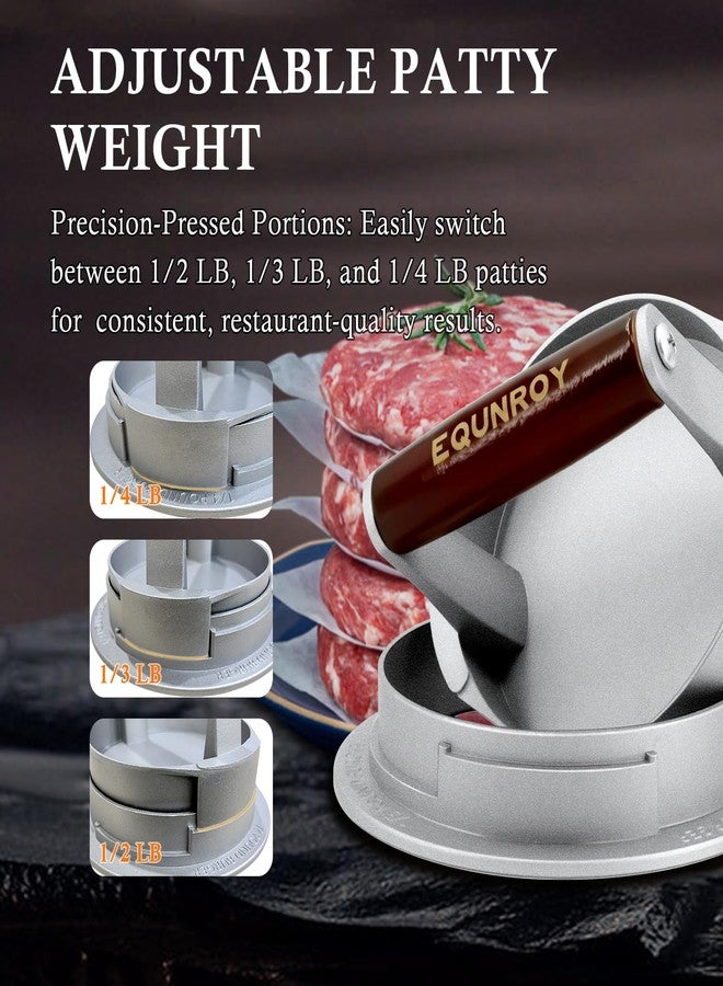EQUNROY Hamburger Press Patty Maker, 3-in-1 Adjustable Burger Shaper Mold for 1/2 lb, 1/3 lb, 1/4 lb Patties, Cast Aluminum Stuffed Burger Ring, Heavy Duty Slider & Sausage Patty Maker, Non-Stick & Easy Clean - Image 3
